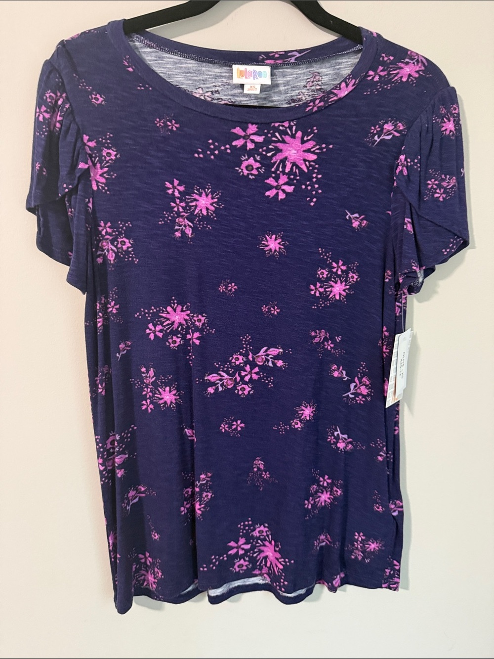 LuLaRoe Navy Blue Short Sleeve Tee with Pink Floral Print